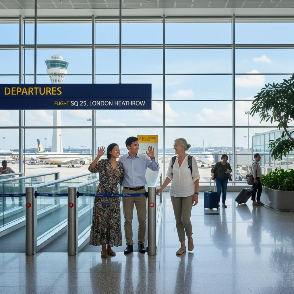 A photorealistic image depicting a happy family at an airport in Singapore, with parents waving goodbye to their child who is boarding a plane for travel, emphasizing safe and authorized child travel without focusing on any documents.
