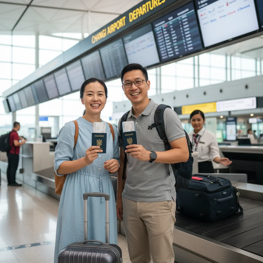 A photorealistic image depicting a happy family preparing for an international trip at an airport in Singapore, with parents and luggage, evoking a sense of safe and organized travel for minors, without showing any children.