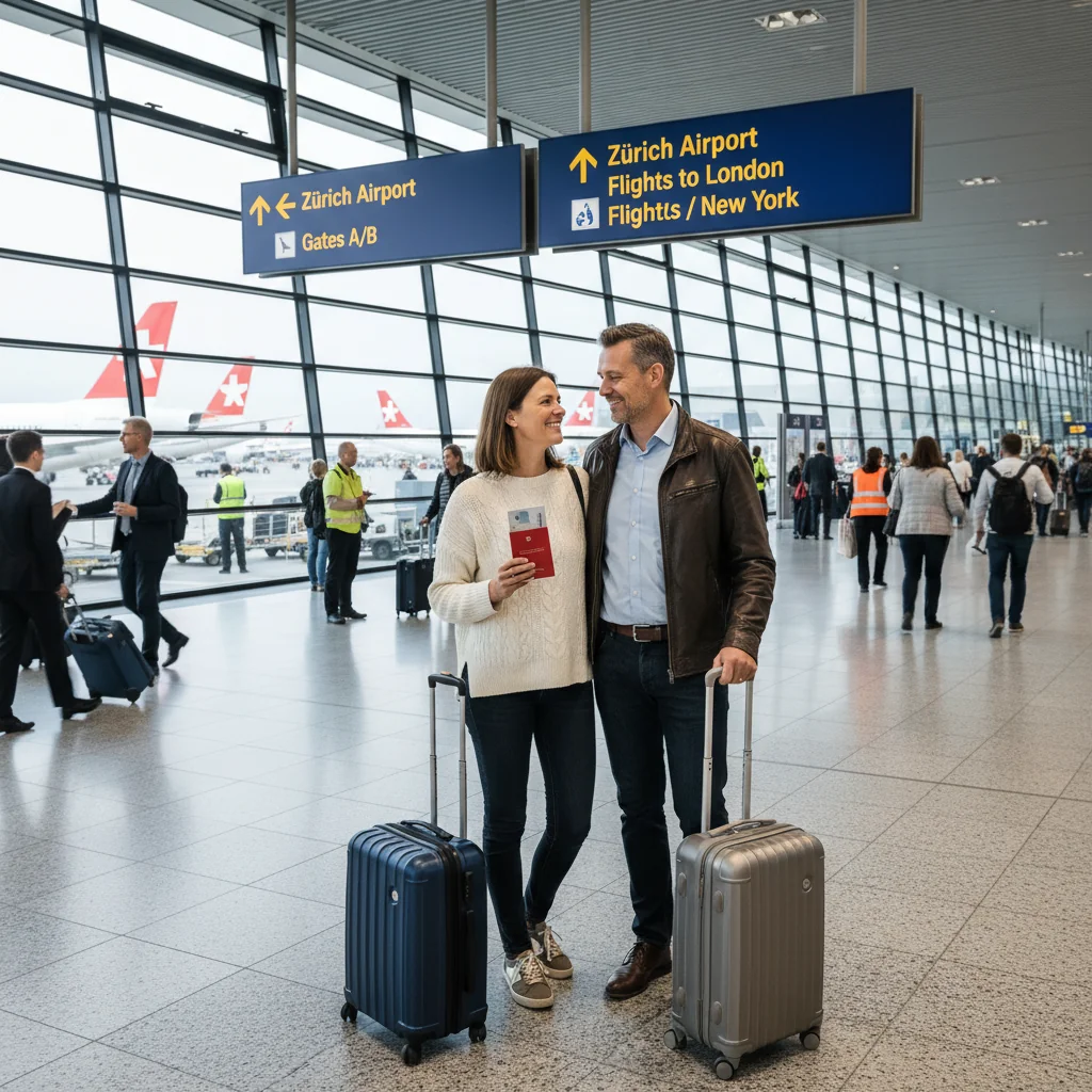 A photorealistic image of a Swiss couple in their 30s, looking happy and relieved, standing together at Zurich Airport with suitcases, symbolizing the support provided by a travel accompaniment declaration for safe international travel in Switzerland.