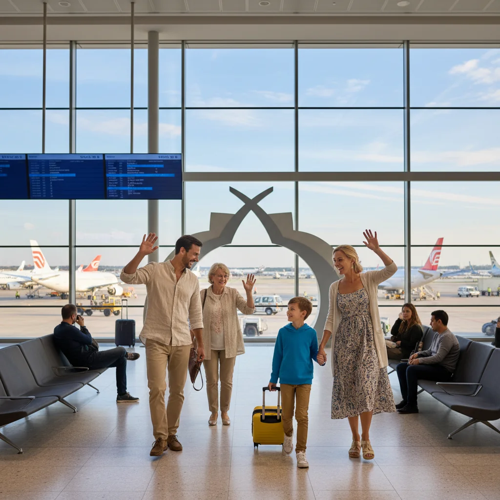 A photorealistic image of a happy family at an airport, with parents waving goodbye to their young child who is boarding a plane with a guardian or relative, symbolizing safe international travel with proper consent. The focus is on the emotional farewell and travel excitement, without showing any legal documents.