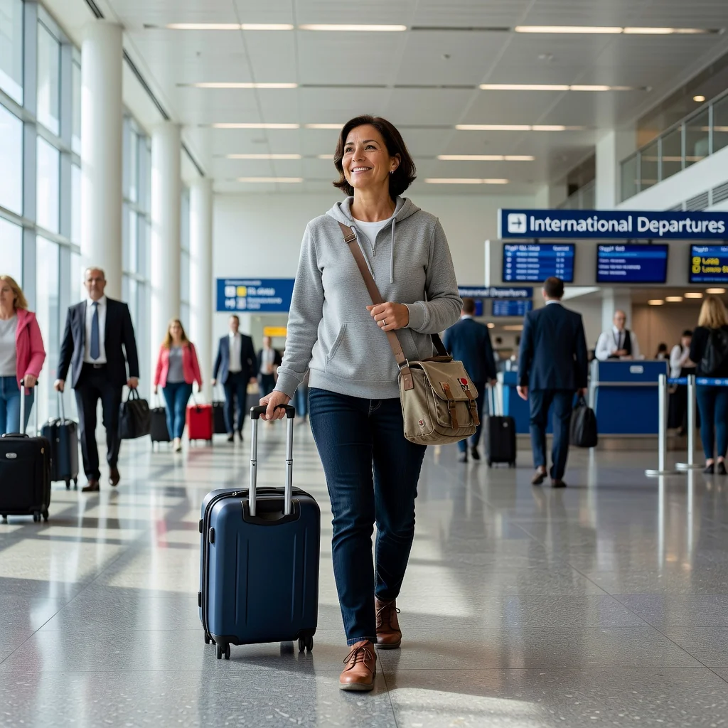 A photorealistic image depicting a happy adult traveler, a middle-aged woman, walking confidently through an international airport with a suitcase in hand, symbolizing smooth border crossing and travel companionship declaration without any legal documents visible, no children present.