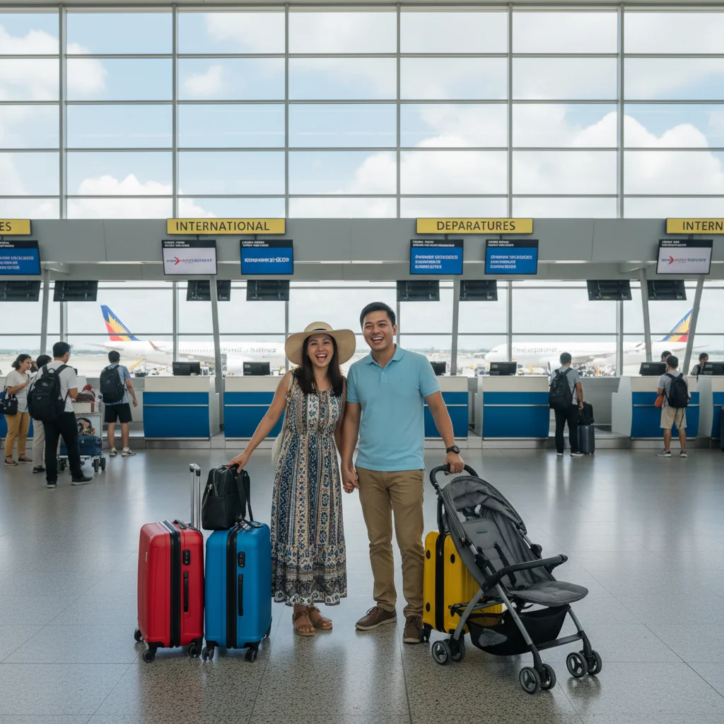 A photorealistic image of a happy Filipino family at an international airport, with parents and empty strollers preparing for a trip abroad, symbolizing safe and permitted family travel without any children visible.