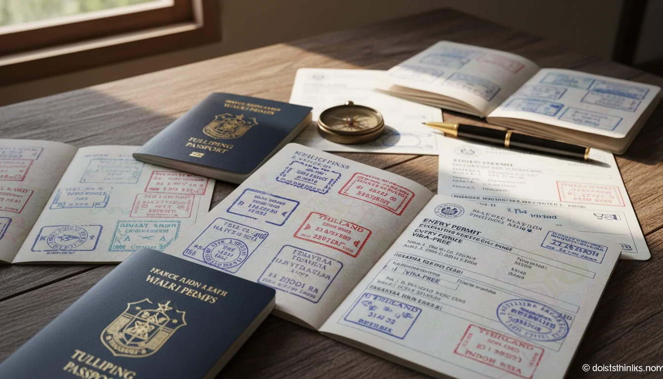 Visa documents and stamps close-up