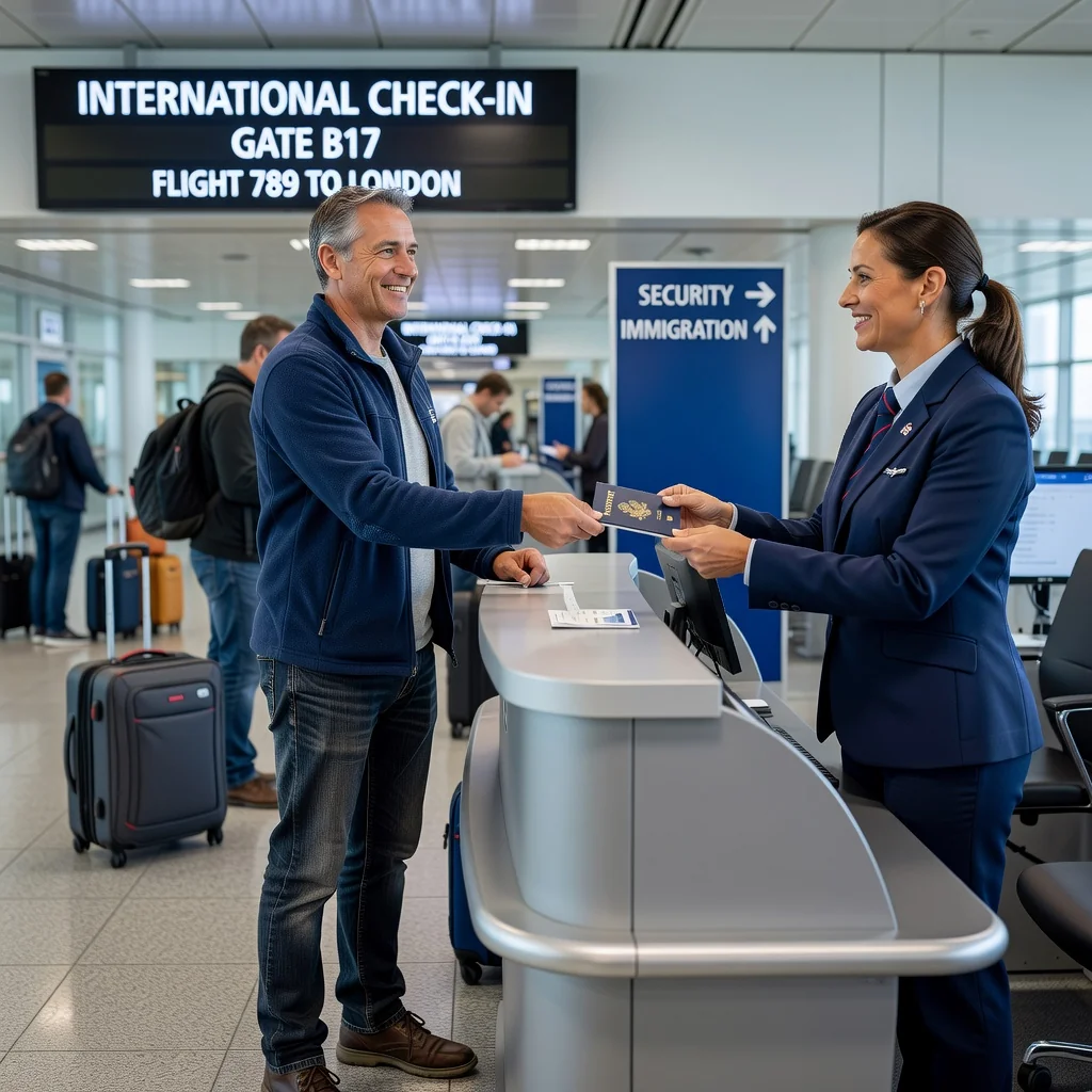 A photorealistic image of a happy parent and a travel representative or official at an airport check-in counter, shaking hands while holding passports, symbolizing a smooth and authorized international family travel arrangement without any focus on children.