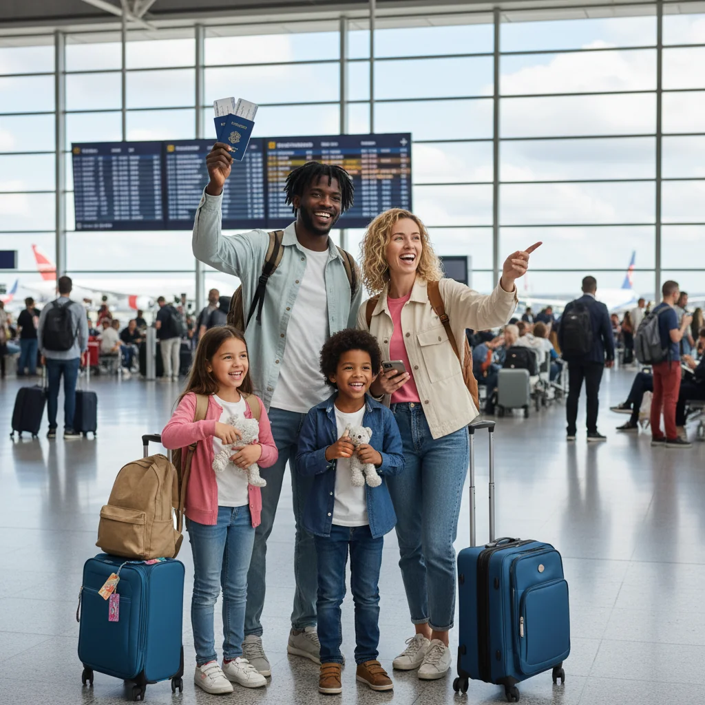 A photorealistic image depicting a joyful family of parents with their young children preparing for an international trip at an airport, evoking safety, excitement, and preparedness for travel abroad without focusing on any documents.