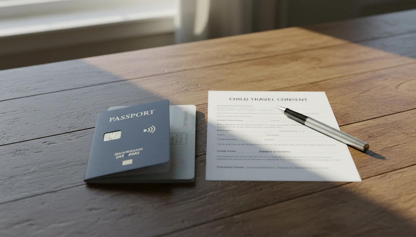 Family passport documents on table