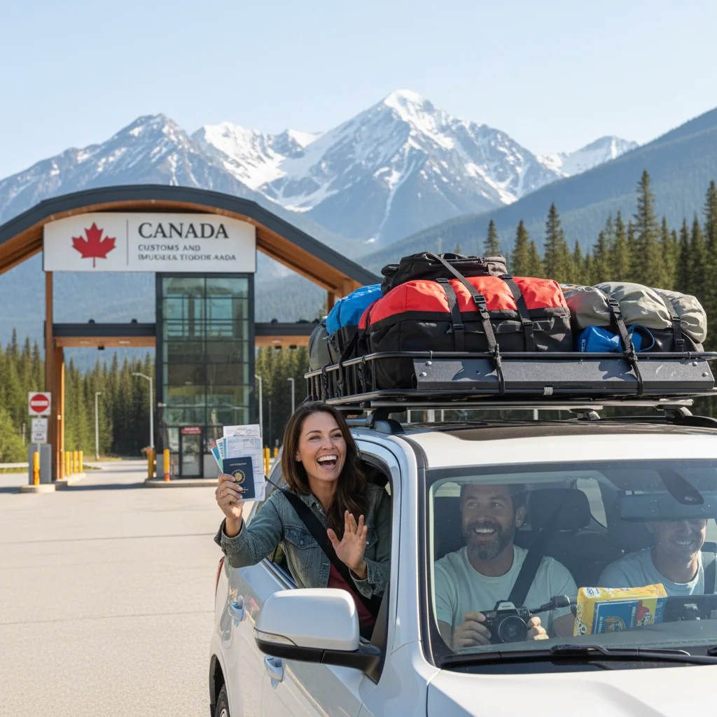 A photorealistic image depicting a joyful family vacation moment at the Canadian border crossing, such as parents and their vehicle approaching a border checkpoint under a clear blue sky, evoking a sense of safe and hassle-free travel without showing any children.