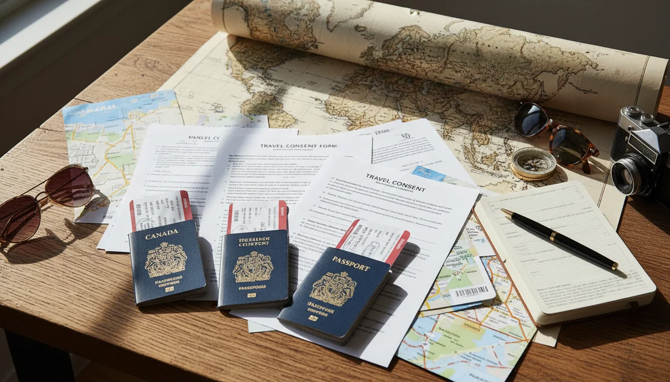 Family passport documents on table