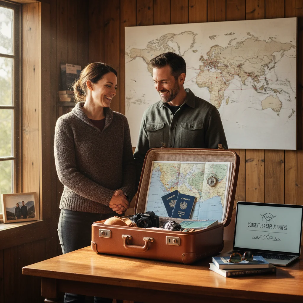 A photorealistic image depicting a happy Canadian family preparing for a child's international trip, with parents packing suitcases and checking travel documents at home, evoking safety and preparedness for travel without showing any children.