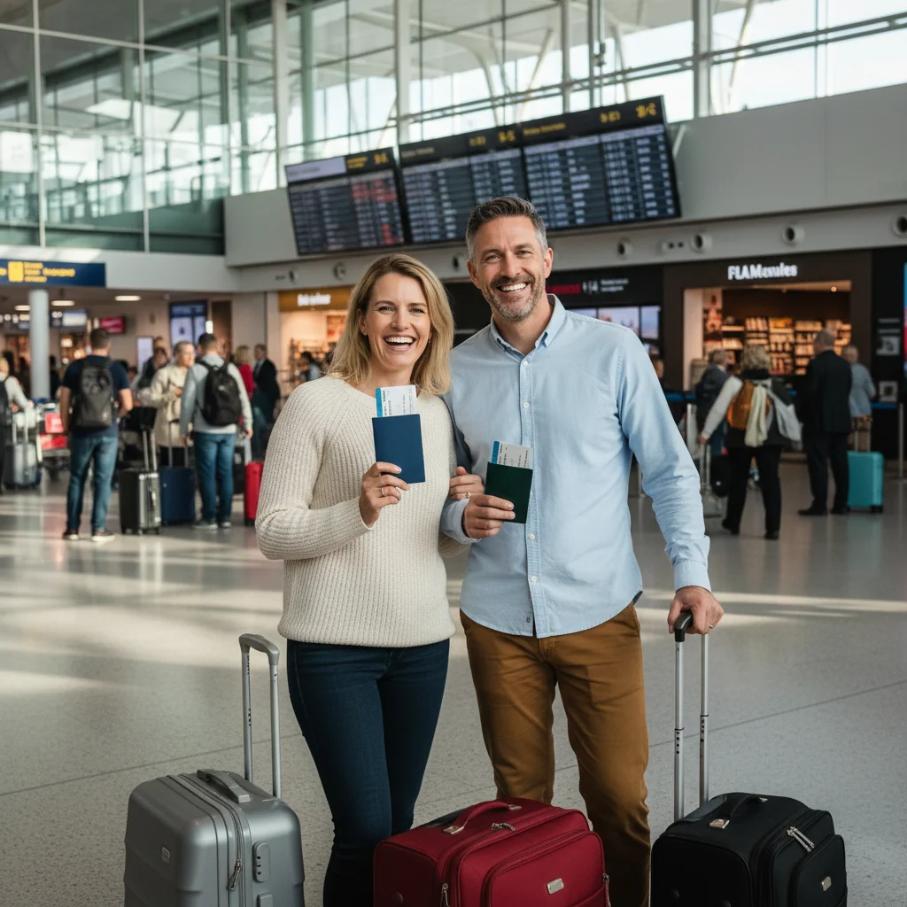 A photorealistic image of a happy family at an airport, preparing for a trip abroad, with parents checking passports and luggage, evoking the excitement of international travel from the UK, without showing any children.