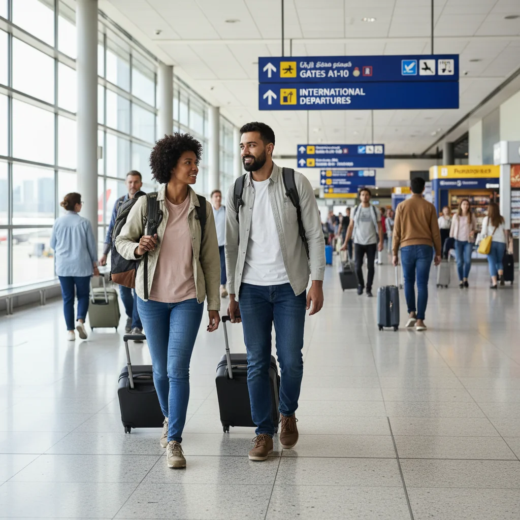 A photorealistic image of a happy family embarking on an international journey at an airport, with parents and their young children smiling while walking towards the departure gate with suitcases, evoking the excitement and preparation of traveling abroad with kids, focusing on the joyful aspect of family travel without showing any legal documents.