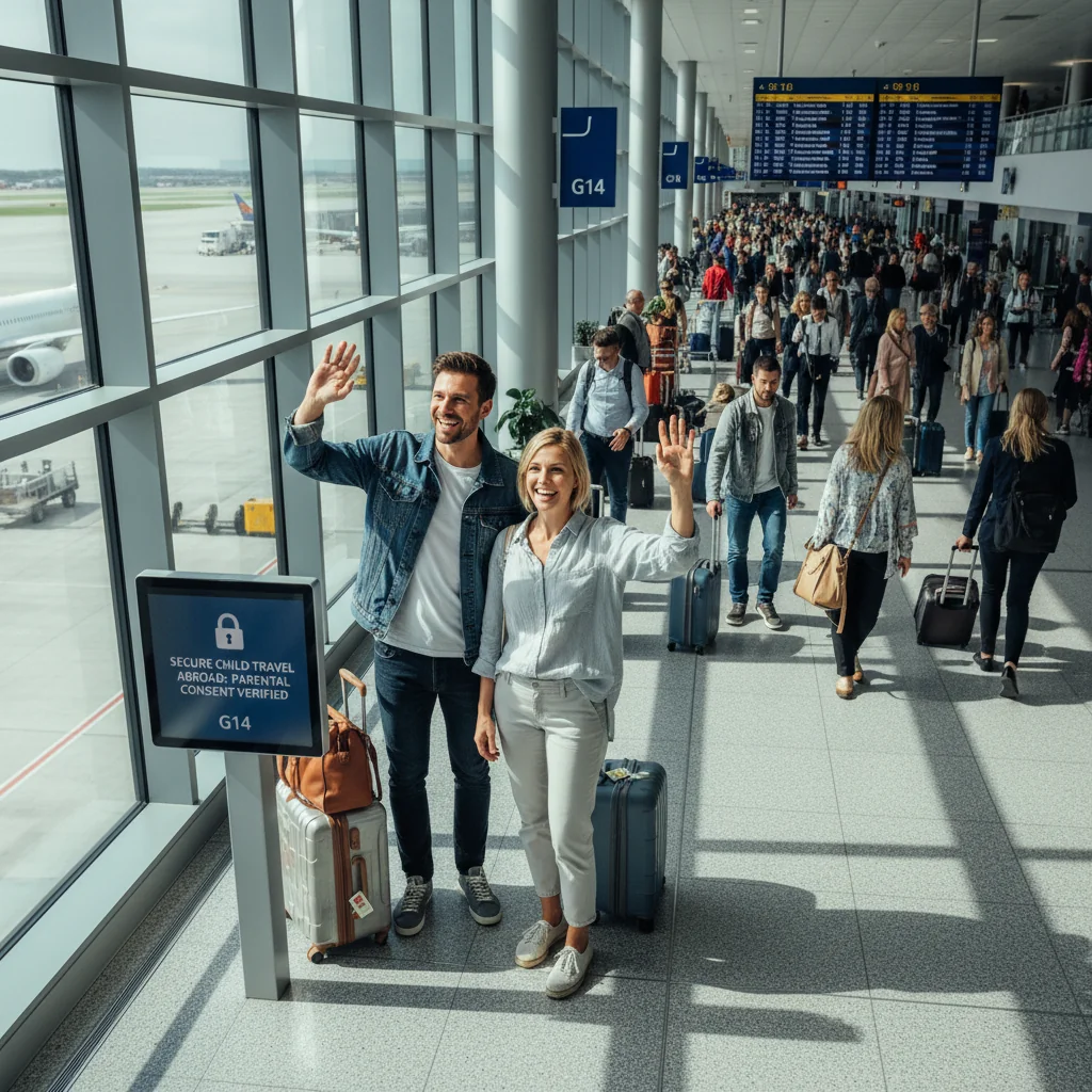 A photorealistic image of a happy family at an airport, with parents waving goodbye to their young child who is boarding a plane with a trusted adult guardian, symbolizing safe international travel and parental consent, without showing the child directly.