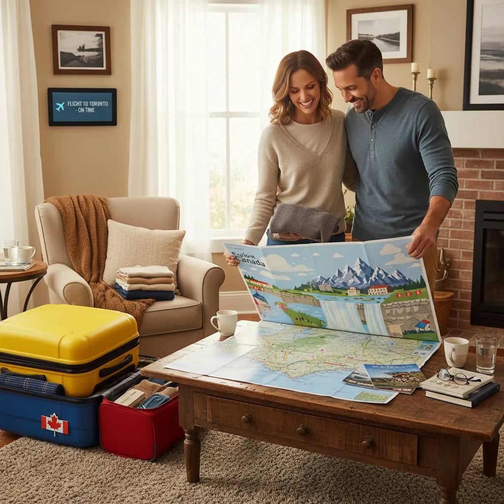 A photorealistic image of a happy family preparing for a trip to Canada, with parents packing suitcases and looking at a map of Canada, evoking a sense of adventure and security for international travel, without showing any children.