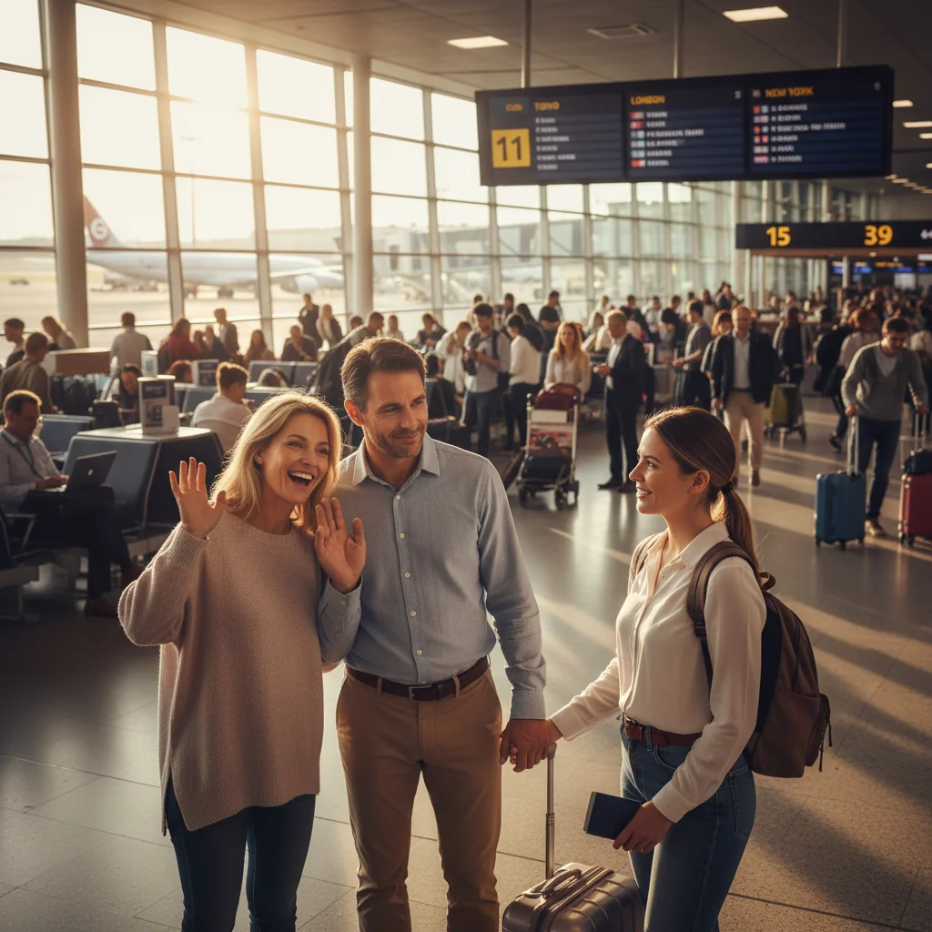 A photorealistic image of a happy family at an international airport, with parents waving goodbye to their traveling child who is accompanied by a trusted adult companion, emphasizing safe and joyful family travel without focusing on any documents.