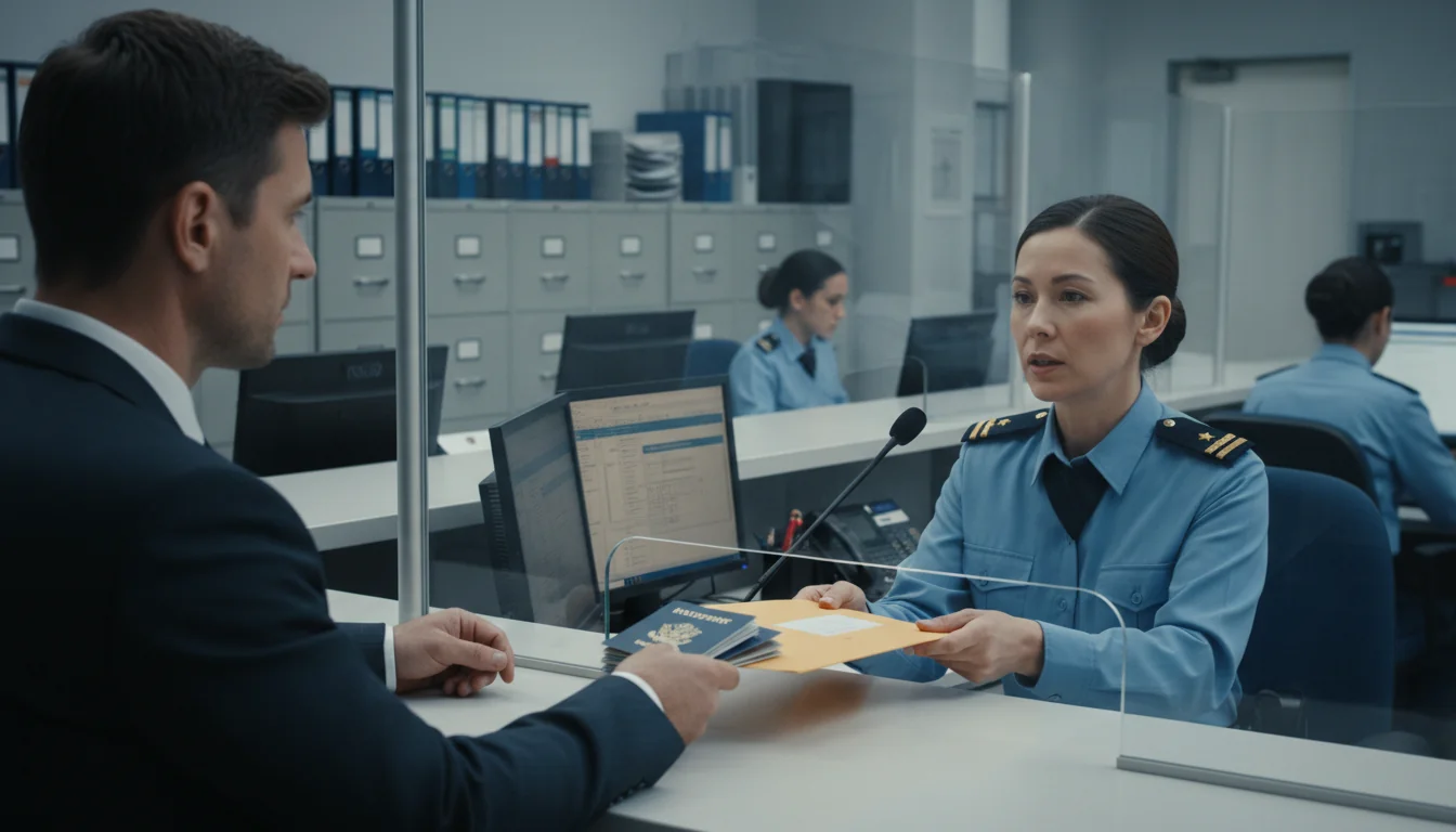 Adult consulting official at immigration office