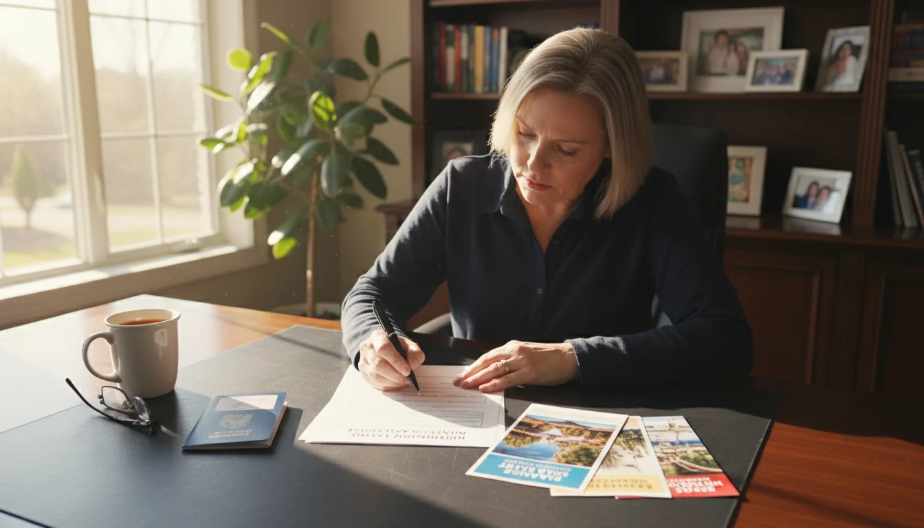 Parent filling out travel document form