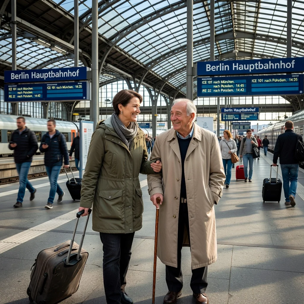 A photorealistic image representing the purpose of the Reisebegleitungserklärung document in Germany, which is an escort declaration for accompanying someone who needs assistance during travel, such as an elderly person or individual with disabilities. Show a caring adult companion helping an elderly traveler with luggage at a German train station, evoking trust and support in travel. No children are present in the image.