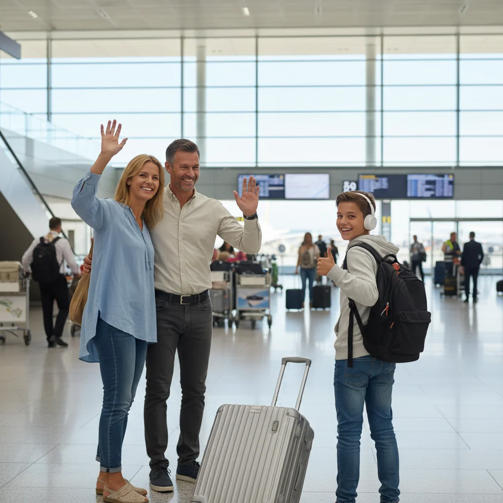 A photorealistic image of a happy Australian family at an airport, with parents waving goodbye to their traveling teenager who is heading off on an international trip, emphasizing safe and authorized child travel without focusing on any documents.