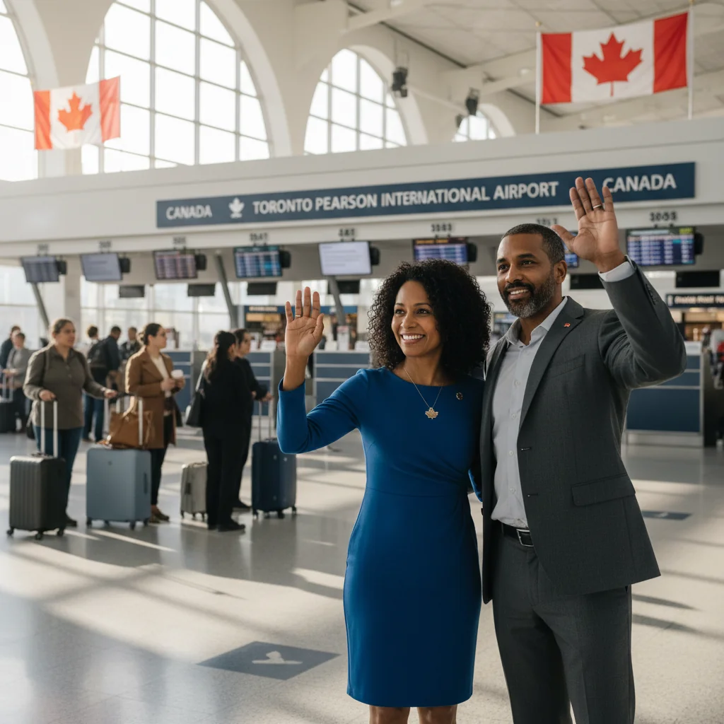 A photorealistic image of a happy Canadian family at an airport, with parents waving goodbye to their traveling child who is heading to an international flight, emphasizing safe and authorized child travel without showing the child directly, focusing on the parents' reassuring expressions and travel excitement.