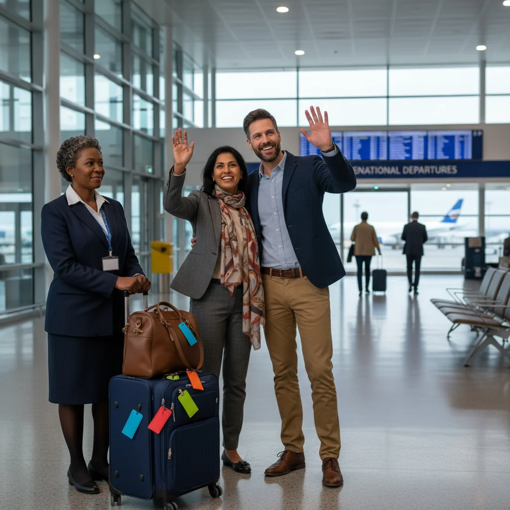 A photorealistic image of a happy family at an airport, with parents waving goodbye to their traveling child who is being accompanied by a trusted adult guardian, emphasizing safe and consented child travel in the UK, without showing the child directly.