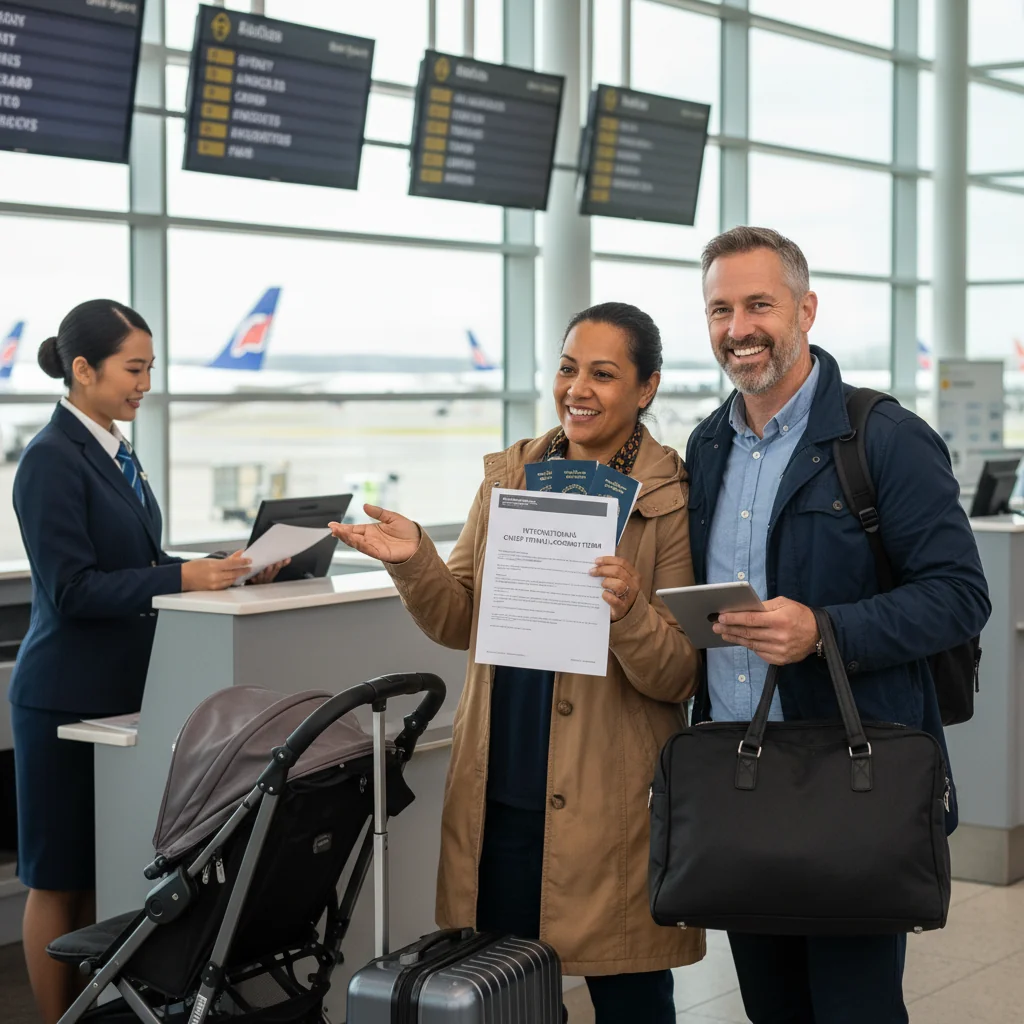 A photorealistic image of a happy family at an airport, with parents waving goodbye to their traveling child, emphasizing safe and consented child travel, but no child is visible in the frame to focus on parental preparation.