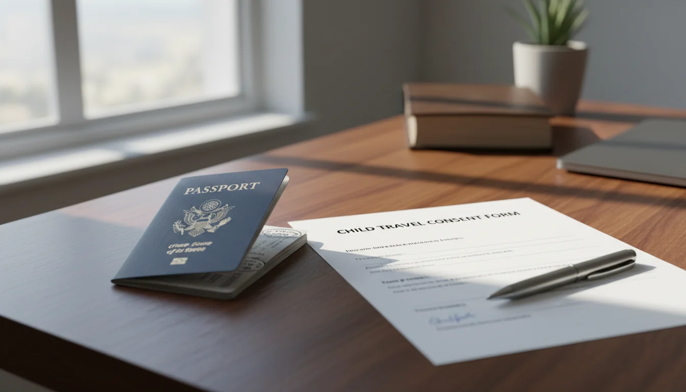 Passport and consent form on desk