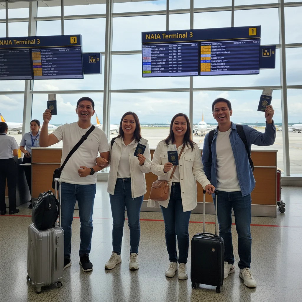 A photorealistic image of a Filipino family at an international airport, with parents and adult family members preparing for travel abroad, showing excitement and preparation for a journey, emphasizing safe and legal family travel without focusing on any documents.