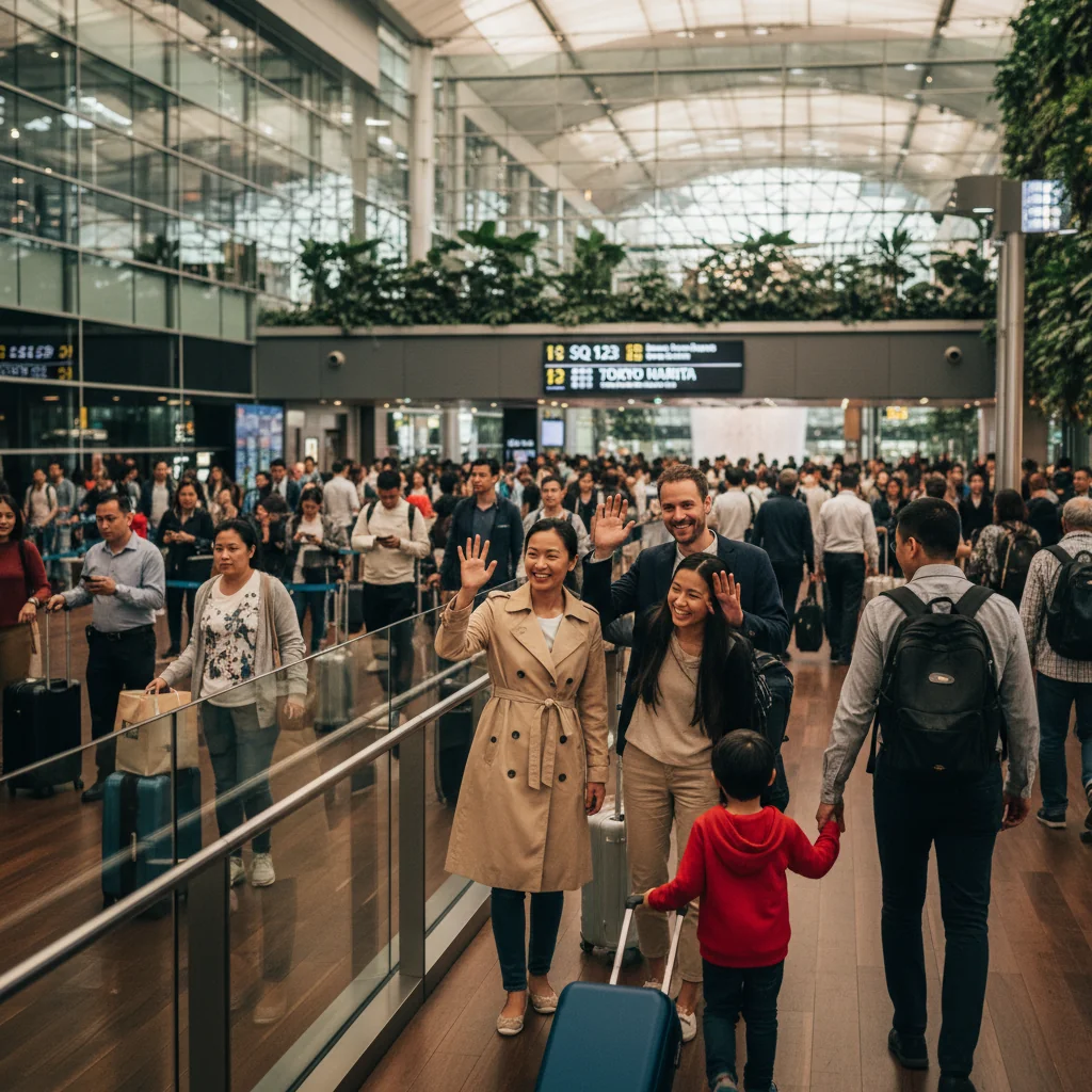 A photorealistic image depicting a joyful family moment at an international airport in Singapore, with parents waving goodbye to their young child who is boarding a flight accompanied by a trusted adult relative, emphasizing safe and consented child travel without focusing on any documents.