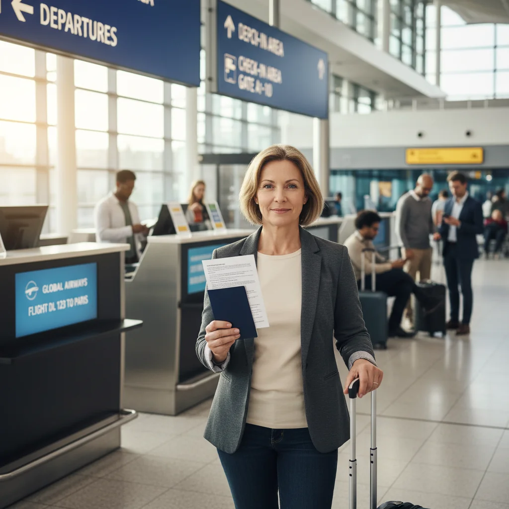 A photorealistic image depicting a caring parent and guardian preparing for a child's safe international travel, focusing on the protective aspect of family travel planning without showing any children. The scene shows the adult holding a passport and travel itinerary at an airport, symbolizing consent and security for child travel.