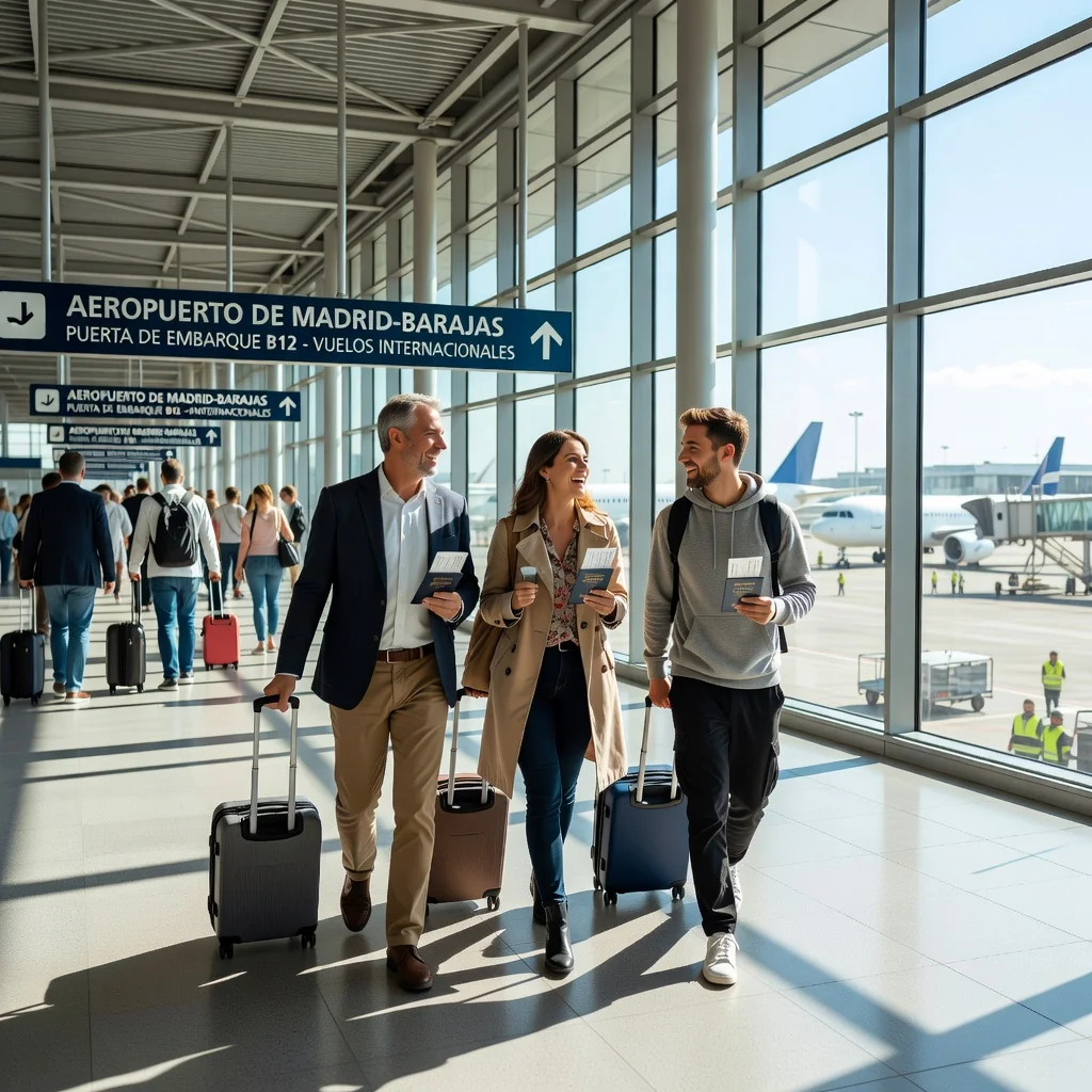 A photorealistic image capturing the joy of family travel in Spain, showing parents and an adult child walking happily through a sunny Spanish airport, carrying luggage and passports, symbolizing the excitement of a vacation abroad without any focus on legal documents.