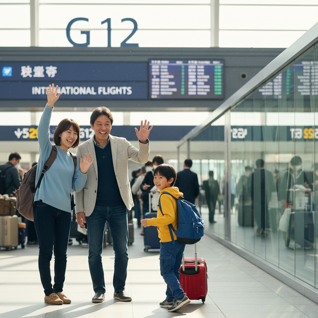 A photorealistic image of a happy Japanese family at an international airport, with parents waving goodbye to their young child who is boarding a plane for a solo trip abroad, symbolizing safe and consented child travel, no legal documents visible, warm and positive atmosphere.