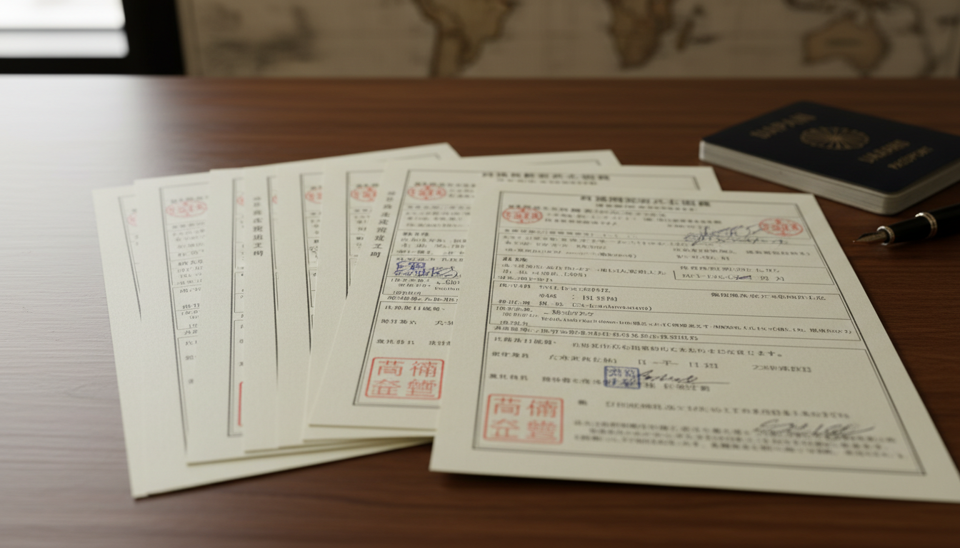 Visa application documents stack