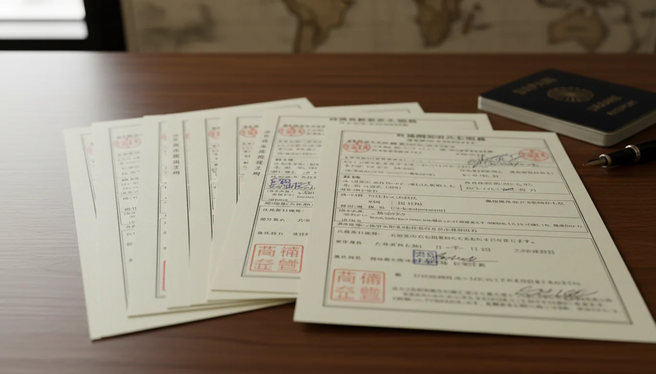 Visa application documents stack