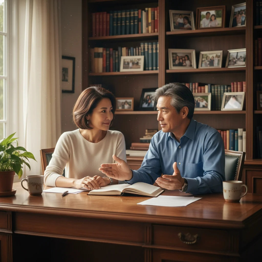 A photorealistic image of a middle-aged couple sitting at a wooden table in a cozy home office, discussing inheritance matters with calm expressions, surrounded by family photos on the wall, symbolizing the peaceful resolution of family estate division through agreement, no children present.