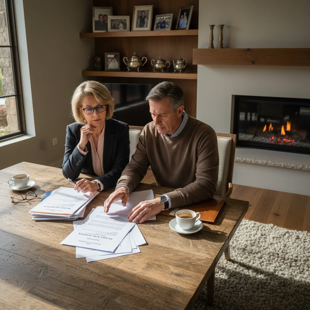 A photorealistic image of a middle-aged adult couple in a modern living room, thoughtfully discussing and signing documents related to changing inheritance arrangements, with family photos and heirlooms in the background, conveying a sense of legacy and careful planning. No children present.