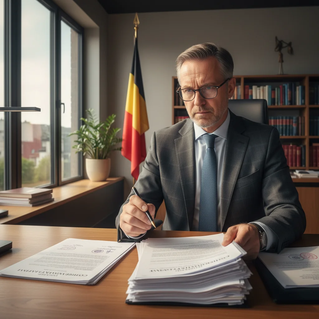 A photorealistic image of a professional Belgian lawyer or legal advisor in a modern office setting, reviewing legal documents related to contractual variations, symbolizing the legal obligations in Belgian law. The scene conveys compliance, professionalism, and legal consultation, with no focus on the document itself but on the advisory process.