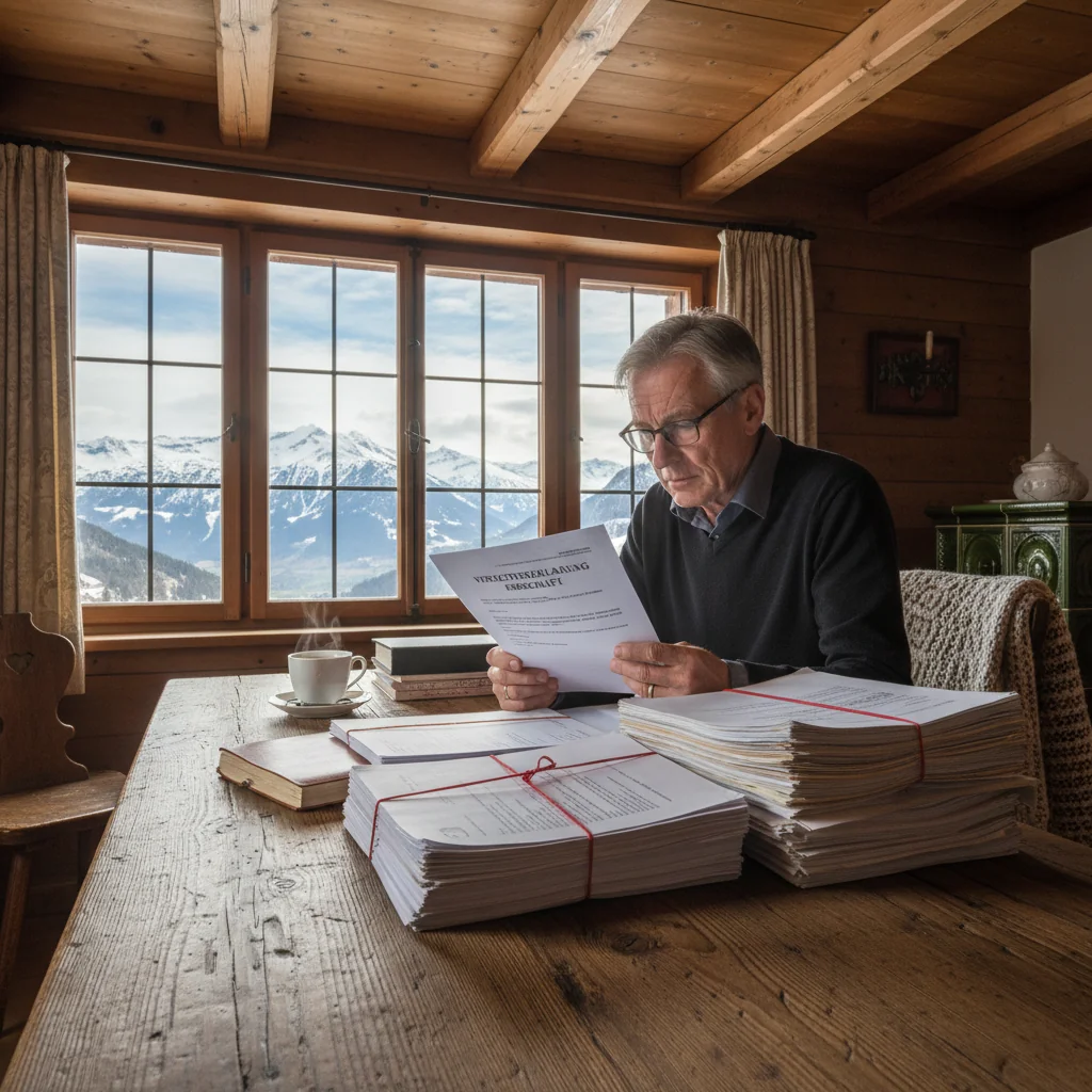 A photorealistic image depicting an elderly adult person thoughtfully reviewing family inheritance papers at a wooden desk in a cozy Swiss home, with subtle Swiss Alps visible through the window, symbolizing legacy and estate planning without showing any children.