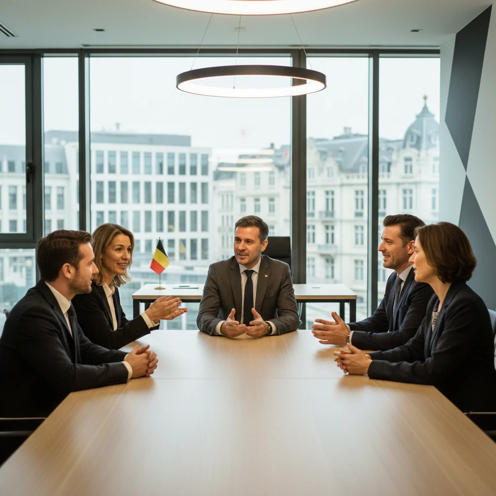 A photorealistic image of a professional business meeting in a modern Belgian office, where a diverse group of adults discusses company changes, symbolizing the amendment of business structures without showing any documents.