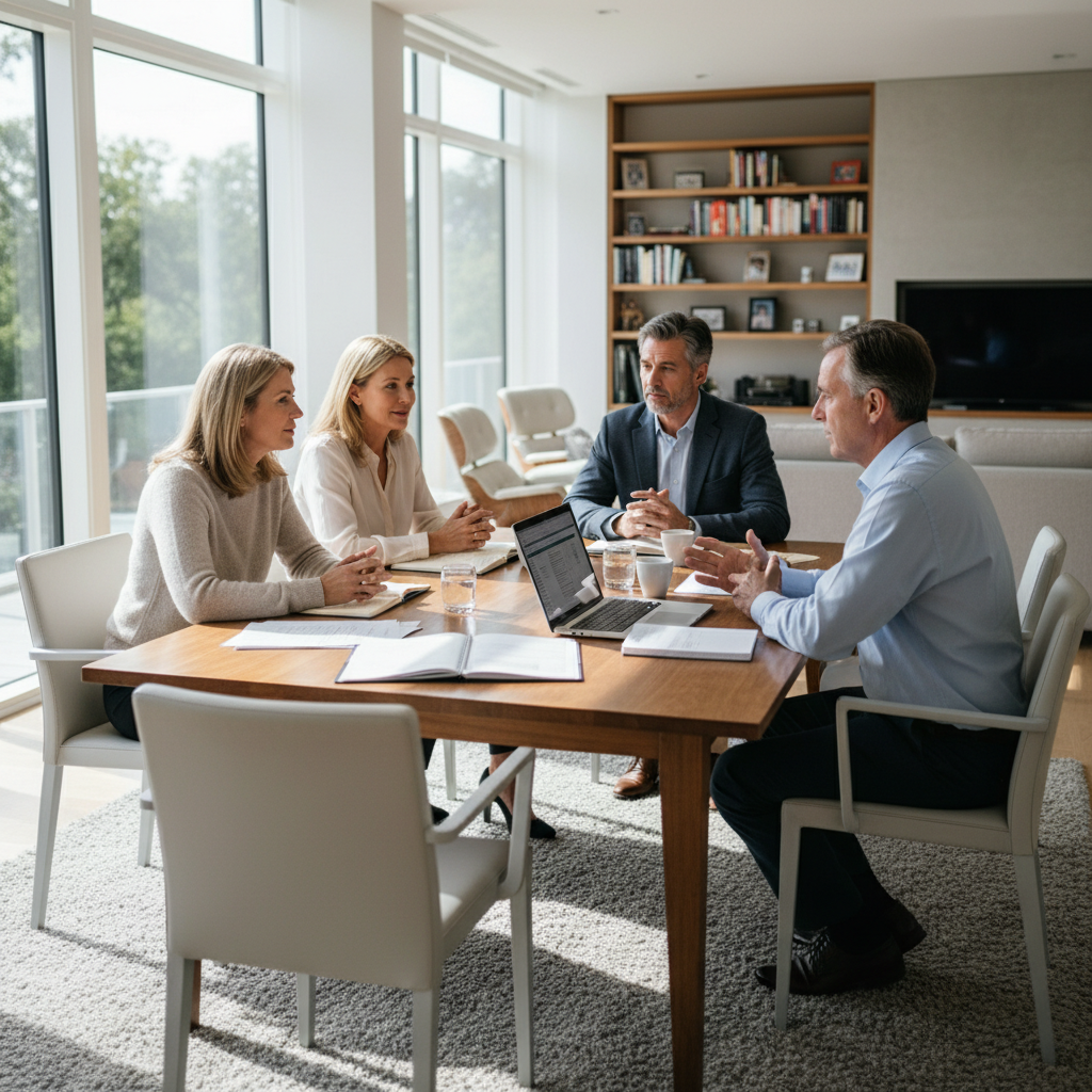 A photorealistic image depicting a group of adult family members engaged in a calm and collaborative discussion around a wooden table in a cozy living room, symbolizing the process of inheritance division. They are reviewing papers and talking thoughtfully, with warm lighting and natural expressions of agreement, representing the purpose of an inheritance division agreement document. No children are present in the scene.