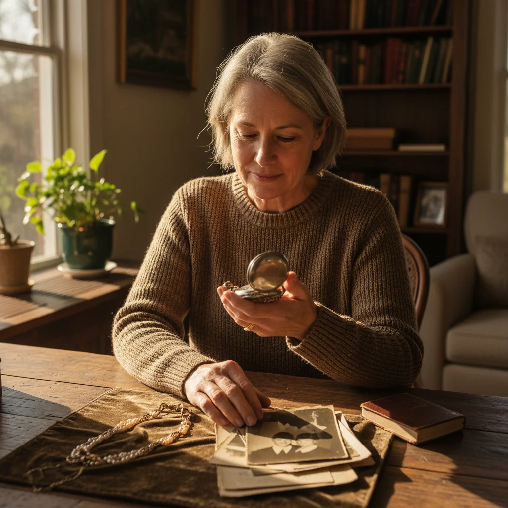 A photorealistic image of a middle-aged adult person thoughtfully reviewing family heirloom items like antique jewelry and old photographs on a wooden table in a cozy home office, symbolizing the process of handling inheritance changes, with warm natural light filtering through a window, conveying a sense of legacy and careful transition.
