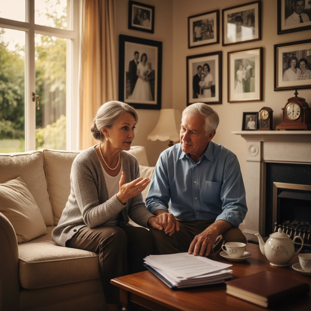 A photorealistic image of a thoughtful elderly couple in their cozy living room, discussing family matters with a sense of legacy and planning, symbolizing the purpose of amending inheritance through a contract. No legal documents visible, no children present.