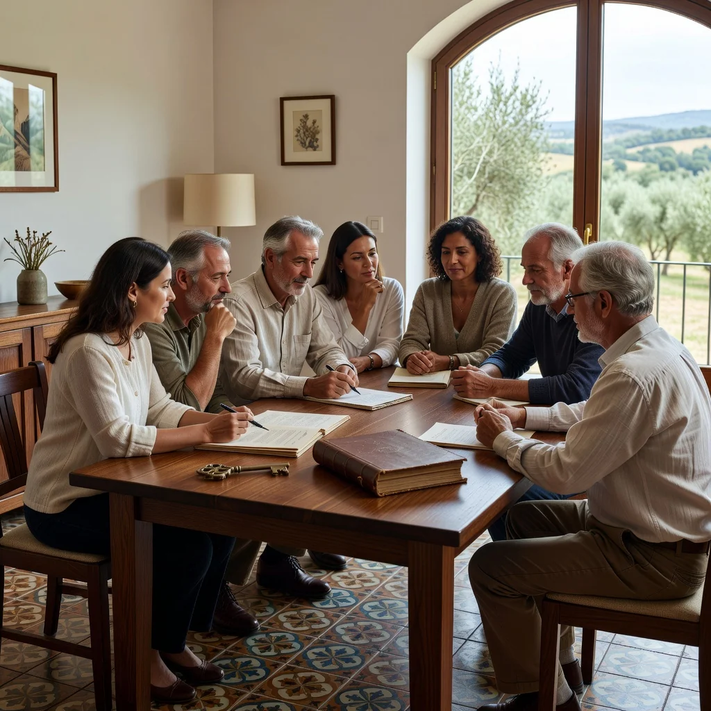 A photorealistic image depicting a diverse group of adult family members in a modern Spanish living room, gathered around a wooden table with subtle inheritance-related items like a family photo album and a decorative key symbolizing legacy, discussing and signing papers peacefully, conveying trust and unity in estate planning, no children present, warm natural lighting from a window overlooking a Spanish landscape.