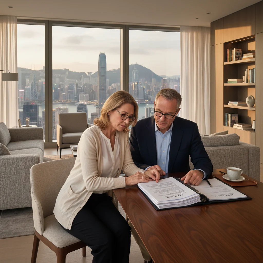 A photorealistic image of an elderly adult couple in a modern Hong Kong apartment, sitting at a table and thoughtfully reviewing estate planning papers together, symbolizing the process of updating a will in a serene and professional manner. No children are present.