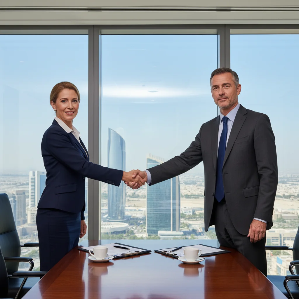 A photorealistic image of two professional adults, such as a businessman and a lawyer, shaking hands in a modern office in Dubai or Abu Dhabi, with a city skyline visible through large windows, symbolizing the agreement and modification of contracts in a legal context. No children are present in the image.