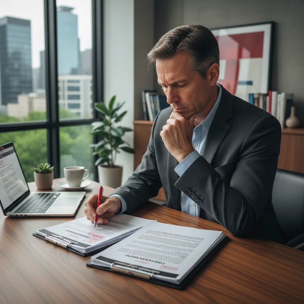 A photorealistic image of a professional adult in a modern office setting, reviewing important paperwork on a desk with a thoughtful expression, symbolizing the process of legal document modification without showing any actual documents or children.
