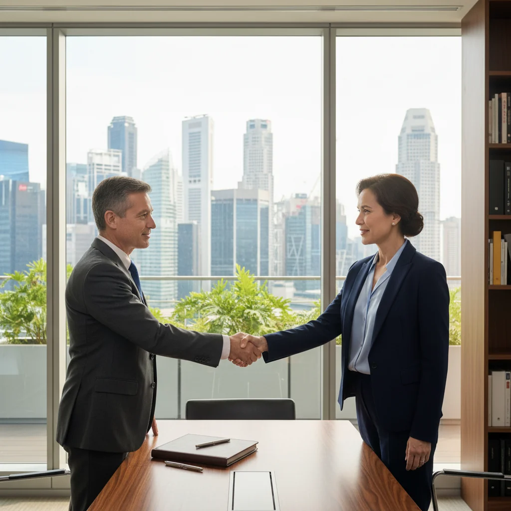 A photorealistic image of two middle-aged adults, a man and a woman, shaking hands across a polished wooden conference table in a modern Singapore law office, with a city skyline visible through large windows in the background, symbolizing agreement and estate planning.