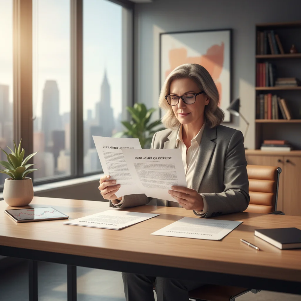 A photorealistic image of a professional adult in a modern office setting, reviewing legal documents on a desk with a sense of security and protection, symbolizing the benefits of disclaiming interest in assets or property to avoid legal liabilities.