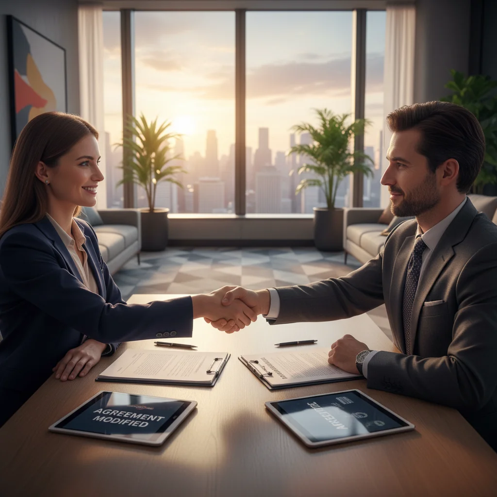 A professional scene depicting the effective modification of a legal agreement, such as a business meeting where adults are discussing and signing updates to a contract, symbolizing positive change and agreement adjustment without showing any documents.