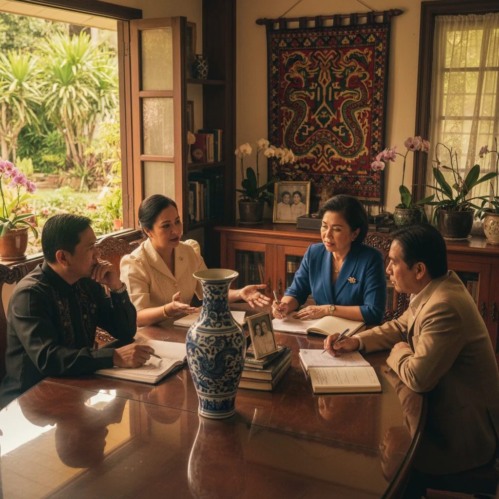 A photorealistic image of a diverse group of middle-aged adults gathered around a wooden table in a warmly lit living room, engaged in a serious discussion about estate planning, with subtle elements like family photos on the wall and a Philippine flag in the background to evoke heritage and legacy transfer, no children present, conveying themes of family unity and legal inheritance without showing any documents.