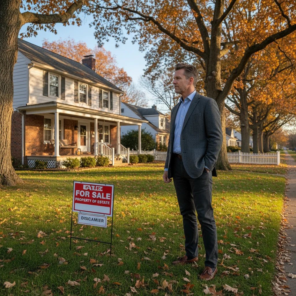 A photorealistic image symbolizing the decision to disclaim or relinquish interest in an inheritance, such as a thoughtful adult standing in front of a modest family home with a for sale sign, conveying a sense of thoughtful choice and legacy without focusing on documents.